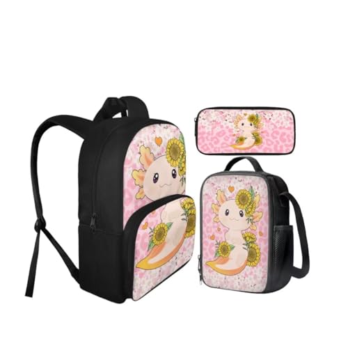 Kuiaobaty Pink Axolotl 15 Inches Girls Book Bag and Lunch Box Kawaii Backpack and Pencil Box for Daycare Thicken School Bag with Lunch Bag for Kids School Supplies Gift for Birthday4