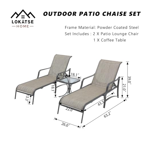 Image of LOKATSE HOME Adjustable Patio Chaise Lounge Set of 2, Outdoor Textiline Reclining Chairs with 1 Glass Top Bistro Table Sturdy Metal Frame for Backyard Porch Poolside, Grey