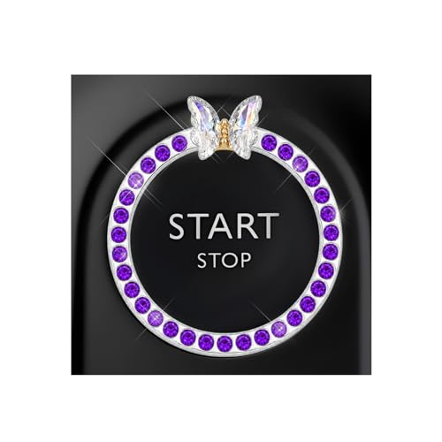 Image of DXNQ Bling Ring Emblem, Sparkling Butterfly Car Buttons and Knobs Ring, Girly Butterfly Diamond Car Engine Start Button Cover, Key Ignition Knob Rings Decoration for Women (Purple, Single Row)