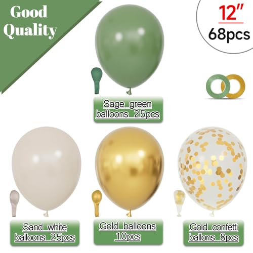 Image of 68Pcs Balloons Kit 12 Inch, Sage Green Balloon Sand White Metallic Gold Balloon Confetti with Ribbons, Party Balloons for Baby Bridal Shower Wedding Birthday Decorations.