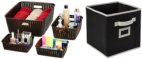 Image of Amazon Brand - Solimo 4 Piece Storage Basket Set, Brown, Plastic & Amazon Brand - Solimo Fabric Foldable Storage Organiser, Black