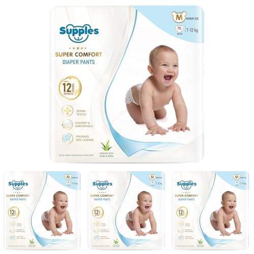 Image of Amazon Brand - Supples Super Comfort Baby Diaper Pants | Medium (7-12 kg), 70 Count | Dermatologically tested, Ultra-Thin, Soft & Breathable | Wetness Indicator, Anti-Leak, All-Night Absorbency