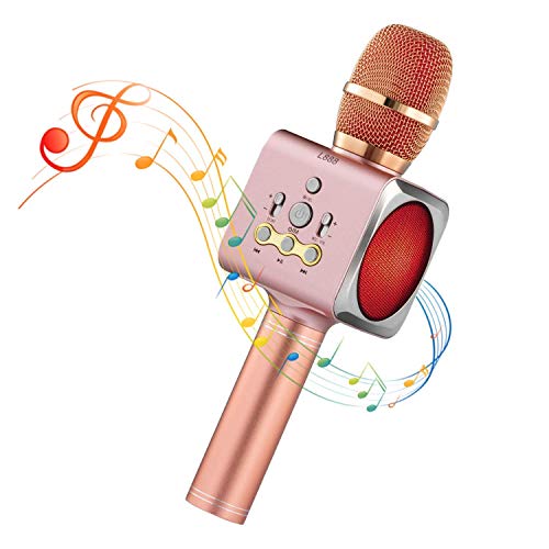 Preisvergleich Produktbild Bluetooth Karaoke Mikrofon Tragbare Drahtlose Dynamisches Microphone mit Lautsprecher für Erwachsene Kinder kompatibel mit Android / IOS PC (Rose Gold)