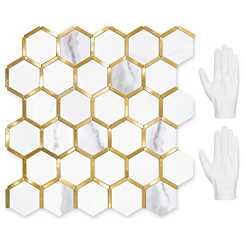 STICKGOO Hexagon Peel and Stick Backsplash Tile, Stick on Backsplash for Kitchen and Bathroom, White Marble Look PVC Mixed Metal Gold Self Adhesive Metal Mosaic Tiless(10 Sheets, Seamless)