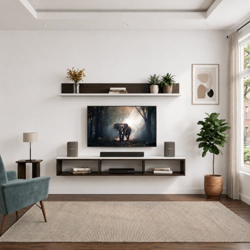 Image of Bros Moon Wall Mounted TV Cabinet, Choco White, MDF, Modern Style, Laminated Finish, for Living Room, Suits TV up to 55 Inches (Choco White, Parallel Roof Top 48 Inches)