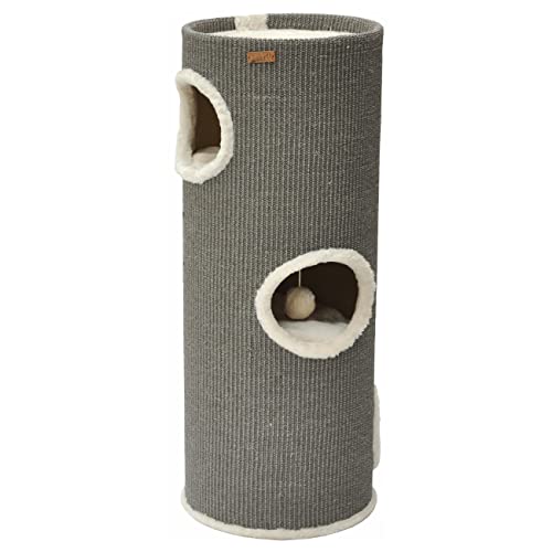 nanook Kratztonne Kratzbaum Oskar - Spieltonne für Katzen XXL mit 3 Höhlen und Spielball - Höhe 100 cm Ø 37 cm - Farbe: grau