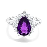 RANDES Amethyst Pear Shaped Engagement Halo Ring February Birthstone Ring Sterling Silver Purple Teardrop Wedding Ring Anniversary Jewelry Size 7