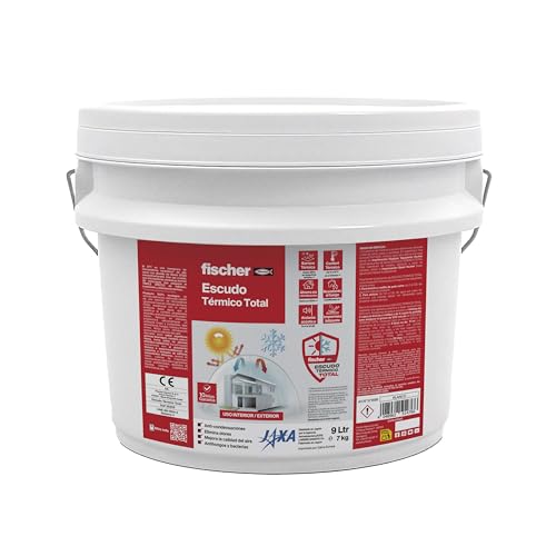 fischer   Escudo Térmico Total, Aislante Térmico Reflexivo Interior o Exterior, Impermeabilizante, Antihumedad, Anticondensación y Antimoho para Pared, Techo, Tejado, Fachada o Habitación (9 L)