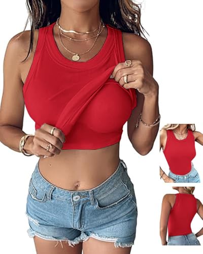 Image of CHICME Women Built-in Bra Tank Tops Sleeveless Casual Shirts Racerback Ribbed Fitted Tank Tops