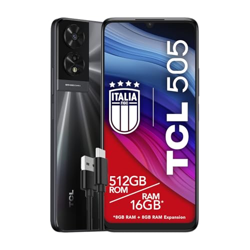 TCL Smartphone 505, 4G, pantalla 6,75 HD + 90 Hz, 512 GB, 16 GB RAM (8 + 8 GB de extensión), cámara híbrida de 50 Mp, Android 14, batería de 5010 mAh, Dual Sim, Space Grey, cable USB tipo C adicional