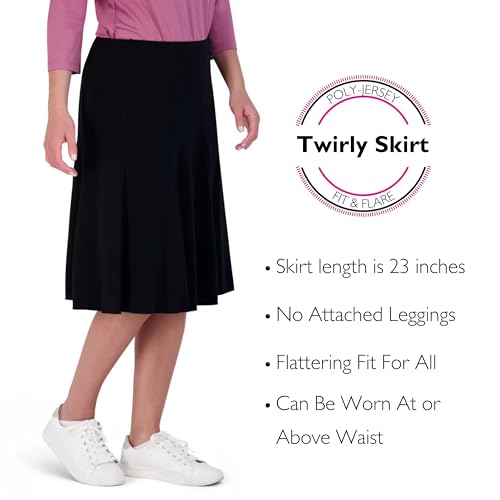 Snoga Athletics Twirly Skirt 23in Pull On Midi Fit and Flare Skirt for Women, Poly Jersey Modest Knee Length Skirt, Black XS4