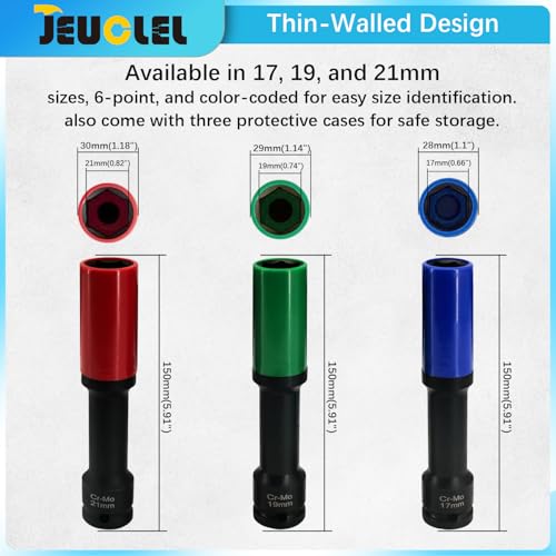Image of 3PCS Lug Nut Socket Set, 1 /2 inch Drive Impact Extra-Long Impact Socke | 17mm, 19mm, 21mm, 6 Point, Non-Marring, Thin Wall, Deep Socket, Wheel Protector, Protective Socket, Color-Coded, Cr-Mo Steel