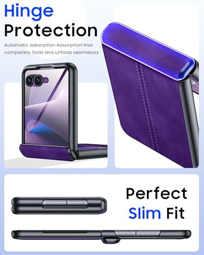 Image of for Motorola Razr+ Plus 2026 Case /Razr+ Plus 2025 Case with Hinge Protection & Built-in Outer Screen Protector, PU Leather Matte PC Shockproof Cover, Ultra Slim Case for Razr+ 2026 /2025-Purple