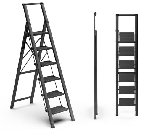 Image of SOLADDER 6 Step Ladder for 12 Feet High Ceiling, Folding Step Stool with Handgrip & Anti-Slip Wide Pedal, Portable Lightweight Aluminum Stepladder for Kitchen, Home (300 lbs Capacity) - Black