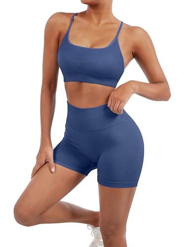 Image of SUUKSESS Women Seamless Workout Sets Strappy Sports Bra High Waist Booty Shorts Outfits
