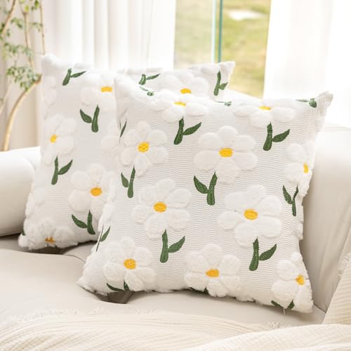 KIDHABE Spring Summer Pillow Covers 18x18 inch Set of 2, White Daisy Floral Sunflower Pillow Cases, Soft Plush Faux Fur Jacquard Throw Pillows for Sofa Couch Holiday Spring Home Decor