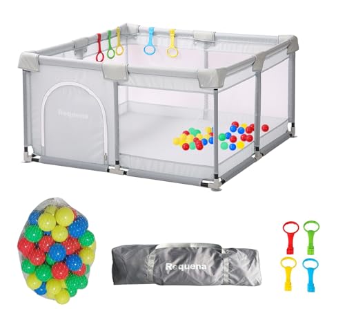 Requena Baby Playpen, Indoor/Outdoor Toddler Fence with Breathable Mesh, Extra Large Play Yard with Balls, 120cm x 120cm, Grey