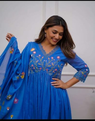 Image of Women's Cotton Embroidered Long Anarkali Kurti With Pant and Dupatta Set