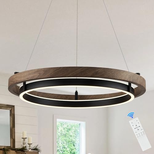 Image of LED 2 Ring Chandelier Dimmable Up Down Light Black Walnut Wood