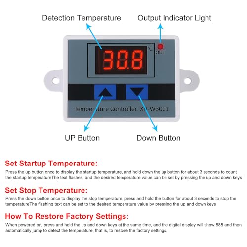 Image of Hexonix XH-W3001 Digital Temperature Controller 220V 10A - LED Display Thermostat Control Switch with Probe Sensor, White