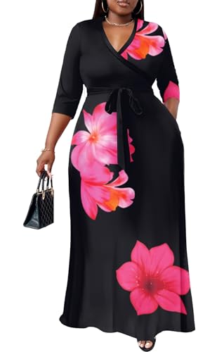 Image of Nmoder Plus Size Maxi Dress for Women - Summer Casual 3 /4 Sleeve Floral Flowy Long Dress with Belt XL- 6XL
