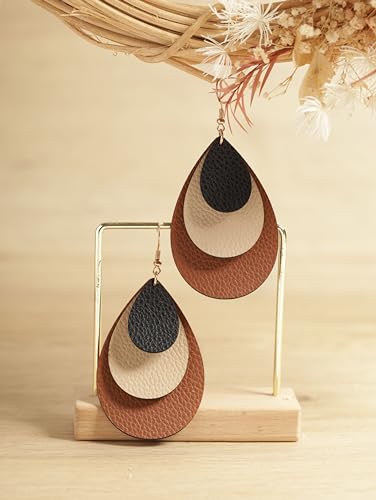 MINACHI Boho Chic Faux Leather Triple Layer Teardrop Waterdrop Dangle Drop Earrings, Vintage Bohemian Hippie Statement Jewelry Gift for Women2