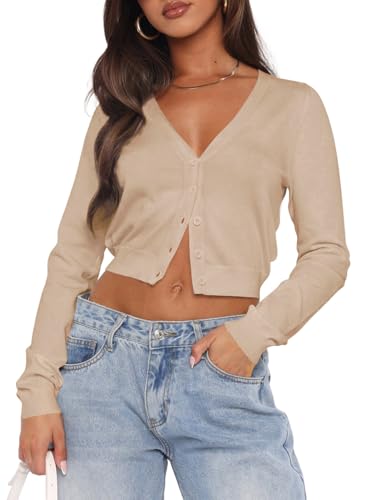 Ezbelle Summer Shirt Women's V Neck Button Down Tshirt Ladies Crop Top Trendy Coats Knit Cardigan Sweates Long Sleeve Clothes LightKhaki S