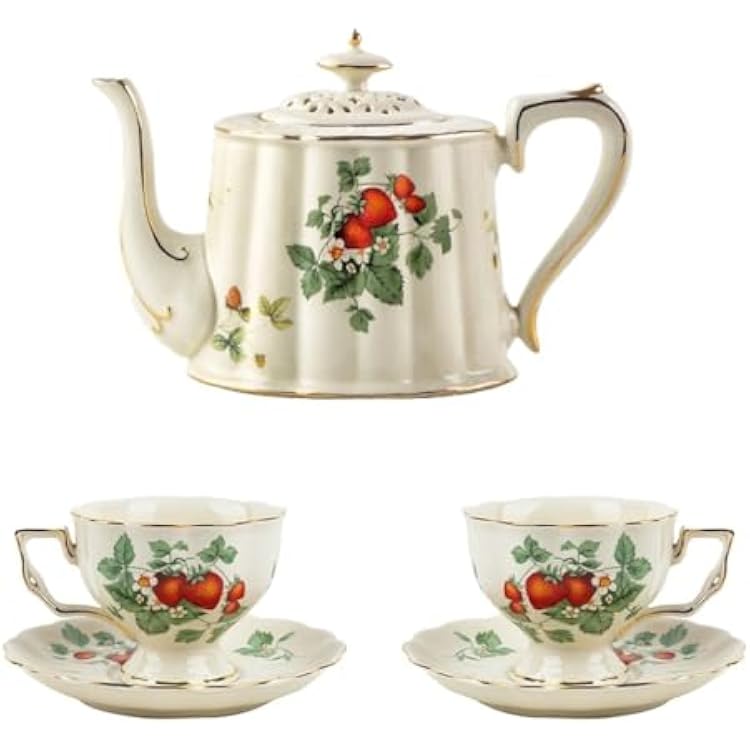 British Style Porcelain Tea Set, Ceramic Strawberry Pattern Tea Pot, Cups, and Saucers Present Set, 900ml Teapot, 220ml Cups, Ideal for Afternoon Tea, Weddings