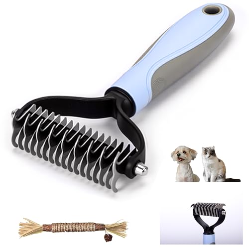 Image of Double Sided Dematting Comb for Dogs & Cats - 2-in-1 Undercoat Rake & Double Coat Dog Brush, Pet Grooming Tool for Removing Mats & Deshedding (Blue)