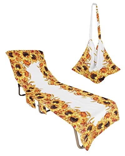Fall Sunflower Beach Pool Patio Lounge Chaise Chair Cover Towel with Pockets,Absorbent&Quick Dry Towel Cover Bag Summer Travel Accessories for Sunbathing Thanksgiving Maple Leaf Pumpkin Orange