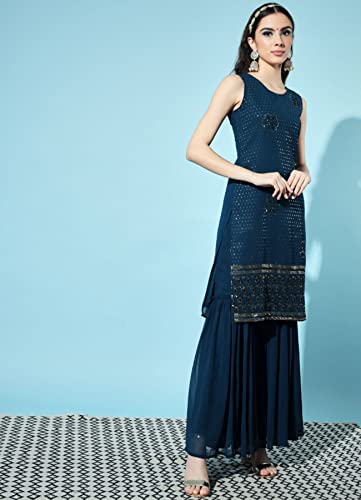 Image of SHOPPING QUEEN Women's Georgette Embroidered Kurta and Sharara Set