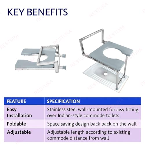 Image of Foldable Wall Mounted Commode Chair for Elderly & Disabled | Stainless Steel Bathroom Stool for Indian Toilet | Wall Mounted Shower Chair | Folding Bathroom Seat