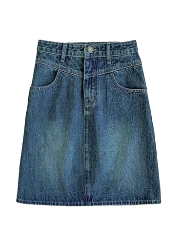 Women Summer Knee-Length Jean Skirt Vintage High Waist Casual A-Line Denim Skirt