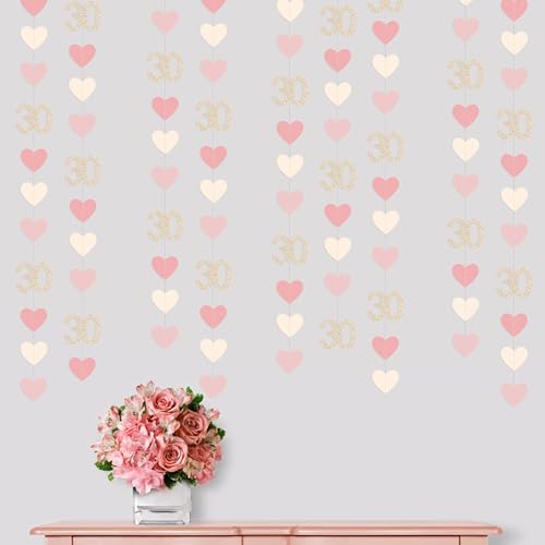 Image of Champagne Gold Pink 30th Birthday Decorations Champagne Gold Dusty Pink Heart Garland Streamer Banner Backdrop for Women Happy 30th Birthday Dirty Thirty Cheers to 30 Years Anniversary Party Supplies