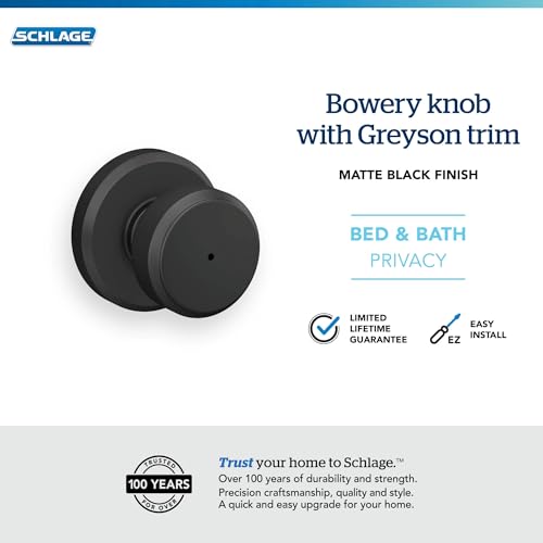 Image of Schlage F40 BWE 622 GSN Bowery Door Knob with Greyson Trim, Bed & Bath Privacy Lock, Matte Black