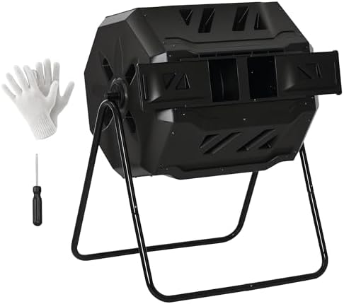 Outsunny Compostador Giratorio de 160L Contenedor de Compostaje de Jardín de Doble Cámara Compostadora con Aberturas de Ventilación y Patas de Acero 71x65x96 cm Negro