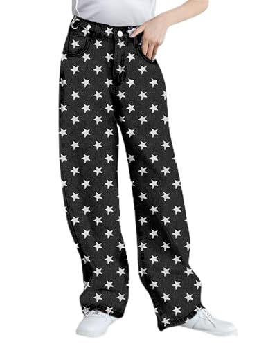 SANGTREE Baggy Jeans for Girls Wide Leg Jeans Elastic Waist Denim Pants Kids Clothes C-Star Prints Black 13-14 Years = Tag 170