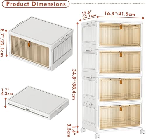 Image of TidyTrove Storage Boxes with Lid, 4-Tier Plastic Stackable Storage Boxes with 1 Lid 28L /Tier, Folding Storage Bins with Wheels, Storage Organizer for Bedroom Living Room Study Office