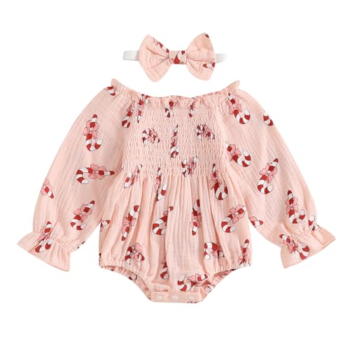 Infant Baby Girl Christmas Outfit Smocked Bubble Romper Cute Printed Long Sleeve Cotton Linen Bodysuit Headband