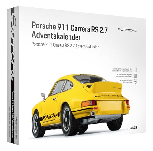 FRANZIS 67273 - Porsche 911 Carrera RS 2.7 Adventskalender - Modellbausatz im Maßstab 1:24, inkl. Soundbasis und 52-seitigem Begleitbuch