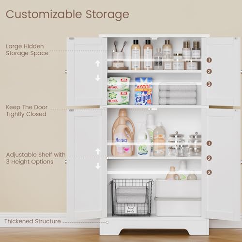 Image of TEENFON Bathroom Floor Storage Cabinet, Freestanding Bathroom Storage Unit with 2 Adjustable Shelves & 4 Doors, White
