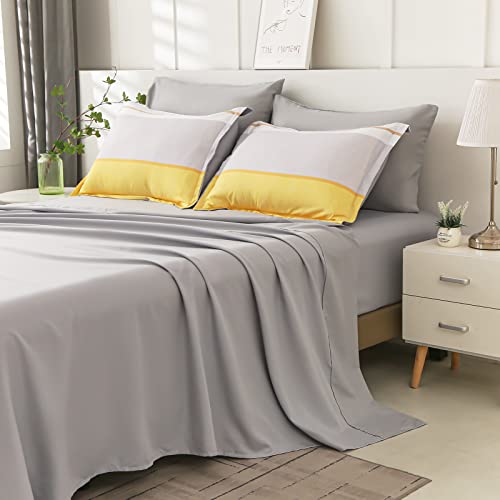 Flymme Striped Patchwork Bed In A Bag 7 Pieces, Yellow White Grey Stripe Pattern Full Size Comforter Set With Sheets, Soft Lightweight Bedding Sets Collections For All Season, (Yellow 80''X 90'') #TOP2