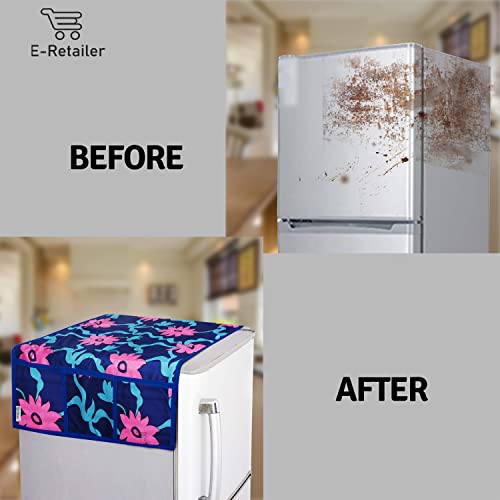 Image of Polyester 3-Layered Fridge Top Cover /Refrigerator Cover With Utility Pockets and Set of 4 Pc Fridge Mats (Color -Floral Blue, Size-39x21 Inches)