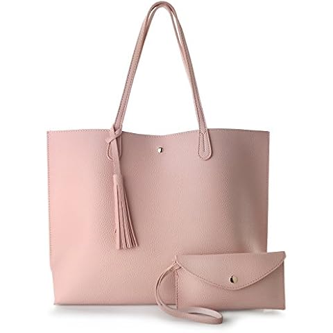 HOXIS Minimalist Clean Cut Pebbled Faux Leather Tote Womens Shoulder Handbag (Pink) Medium Cover