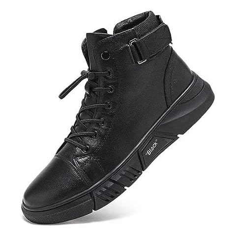 RiceelSor Men Ltalian High-top Leather Boots Side Zipper Waterproof Non-Slip Round Toe Shock-Absorbing Softsole Business Warm Velvet Chukka Ankle Booties (Black,9.5,Men,9.5) Cover