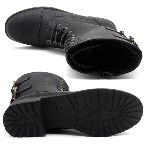 Herstyle Florence2 Women's Combat Booties Mid-Calf Boots Ankle Lace up Military Shoes, Black,Size 10.04
