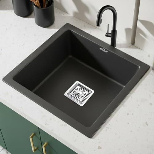 Image of ARQUIN Quartz Sink 18x16x9 Inch Black | Single Bowl Sink | Durable & Scratch-Resistant | Undermount /Topmount Including Coupling, Waste Pipe & Fruit Washing Basket