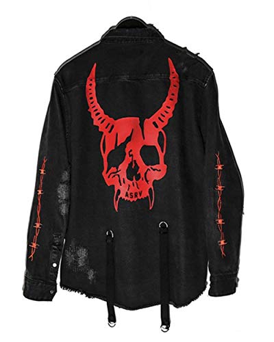 ebossy Men's Skull/Cobra Print Hipster Hip-Hop Distressed Frayed Denim Jean Jacket