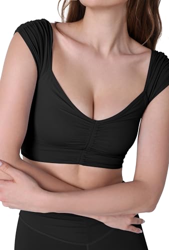 ODODOS Ruched Front Crop Tank for Women V-Neck Cut Out Back Cap Sleeve Cropped Tops