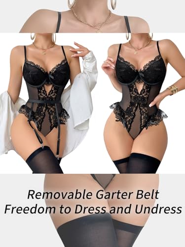 Image of Lilosy Sexy Stocking Lace Mesh Bodysuit Top Underwire Garter Lingerie Set 3 Piece
